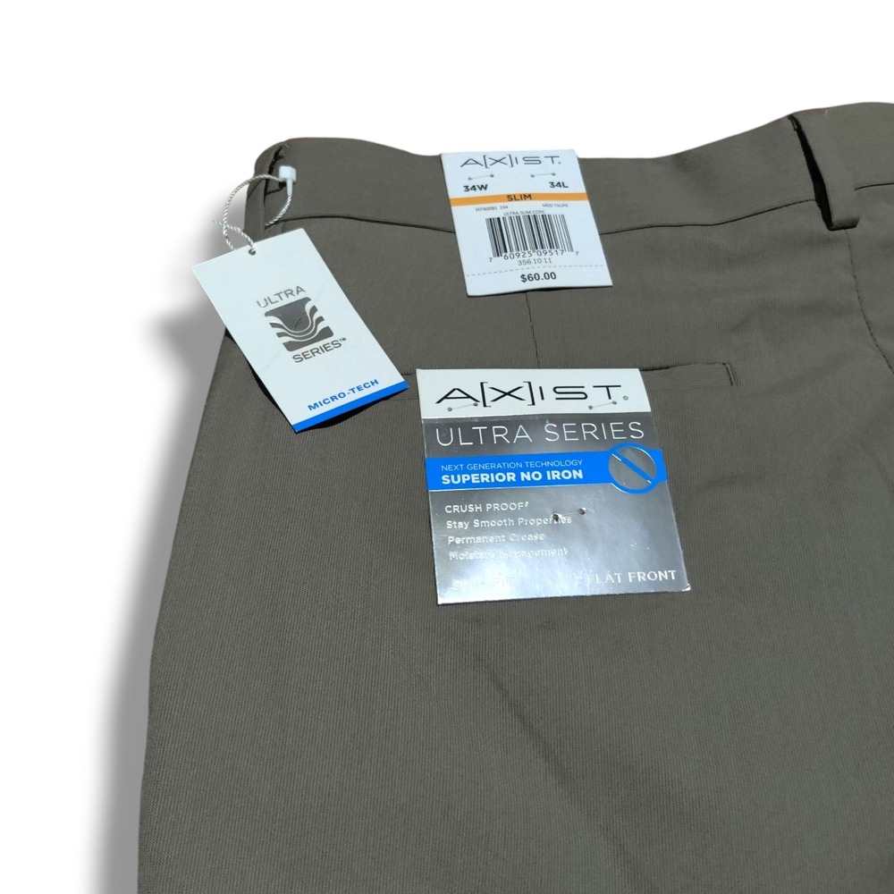 Axist Ultra Series Khaki Dress‎ Pants Mens 34 x 34 No Iron Crush Proof Flat New